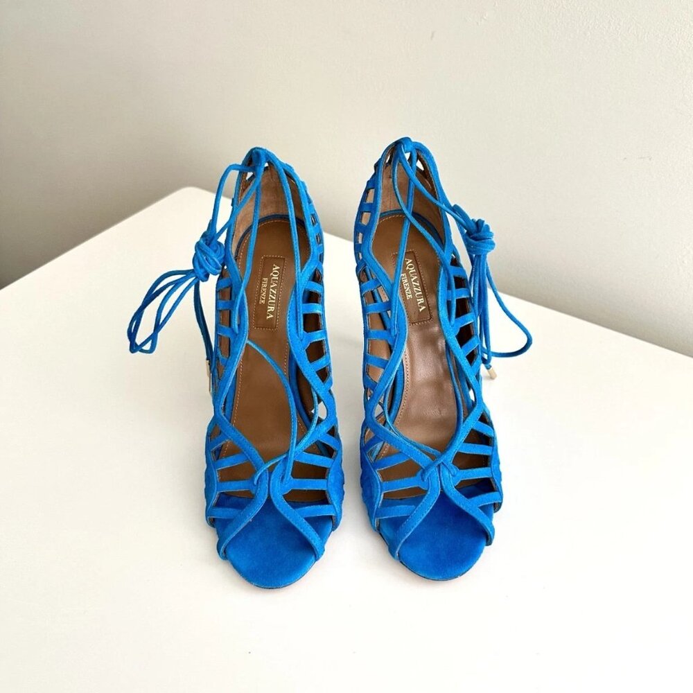 AQUAZZURA Blue Suede Scalloped Cutout Ankle Wrap Sandals Heels Size 38.5